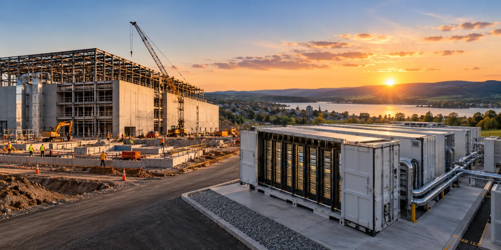 A conventional data centre under construction with cranes and crews beside a row of finished modular data centre containers at sunset